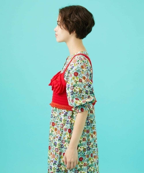 Jocomomola(ホコモモラ)の「Fruto フリルニットビスチェ(ニット/セーター・レディース・ダークインディゴブルー/レッド・40)」の4枚目の写真