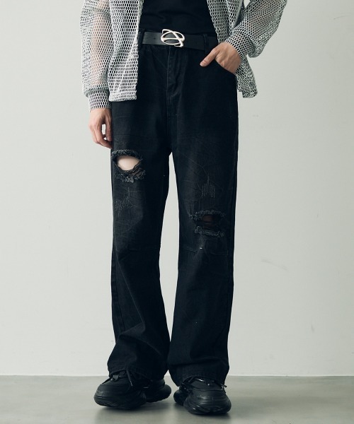 Shoowtime(ショウタイム)の「Knee-tuck distressed vintage denim pants / ニータックダメージヴィンテージデニムパンツ(デニムパンツ・メンズ・ブラック/ブルー・MEDIUM/X-LARGE/LARGE)」の1枚目の写真