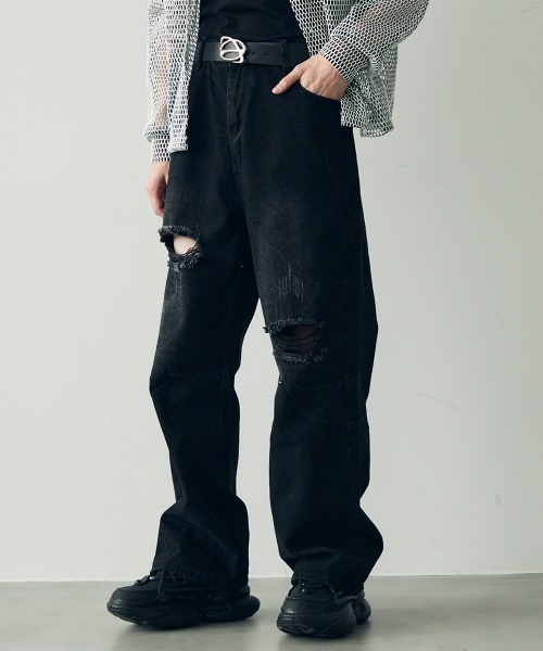 Shoowtime(ショウタイム)の「Knee-tuck distressed vintage denim pants / ニータックダメージヴィンテージデニムパンツ(デニムパンツ・メンズ・ブラック/ブルー・MEDIUM/X-LARGE/LARGE)」の3枚目の写真