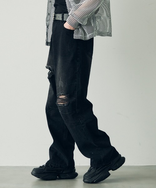 Shoowtime(ショウタイム)の「Knee-tuck distressed vintage denim pants / ニータックダメージヴィンテージデニムパンツ(デニムパンツ・メンズ・ブラック/ブルー・MEDIUM/X-LARGE/LARGE)」の6枚目の写真