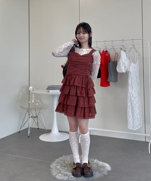 【2色】☆長袖☆コーデュロイ フリル ミニ丈 ワンピース ドレス コーデュロイピンタックミニワンピース レディース 長袖[品番