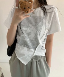チビT 半袖 ショート丈 アシンメトリー 韓国ファッション y2k Tシャツ クロップド丈 プリント ピチT