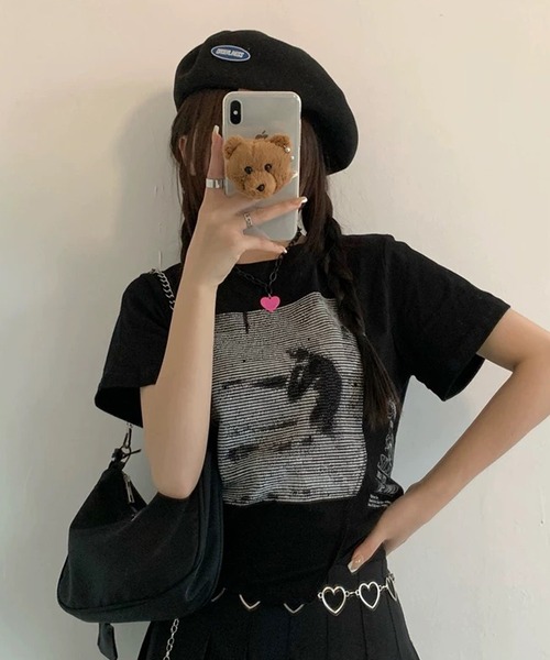 shopnikoniko(ショップニコニコ)の「チビT 半袖 ショート丈 アシンメトリー 韓国ファッション y2k Tシャツ クロップド丈 プリント ピチT(Tシャツ/カットソー・レディース・グレー/ブラック/ホワイト・フリー)」の11枚目の写真