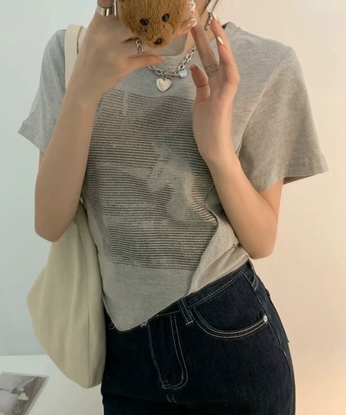 shopnikoniko(ショップニコニコ)の「チビT 半袖 ショート丈 アシンメトリー 韓国ファッション y2k Tシャツ クロップド丈 プリント ピチT(Tシャツ/カットソー・レディース・グレー/ブラック/ホワイト・フリー)」の14枚目の写真