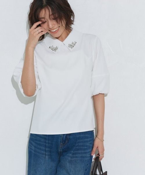 Pierrot(ピエロ)の「ビジュー付き構築袖ブラウス(シャツ/ブラウス・レディース・オフホワイト/ネイビー・L/M)」の9枚目の写真