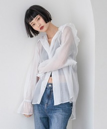 残り2日！ローリーズファーム　デニム　リボントップス　フリル forksy.】2WAYリボン付デニムティアードフリルブラウス forksy