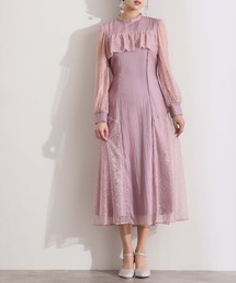 ミモレ丈&袖あり フォーマル レース 切替クラシカルフリル フレア シルエットセレモニー 結婚式 二次会 パーティー ドレス オケージョンドレス 同窓会 成人式 お呼ばれ 謝恩会 20代 30代