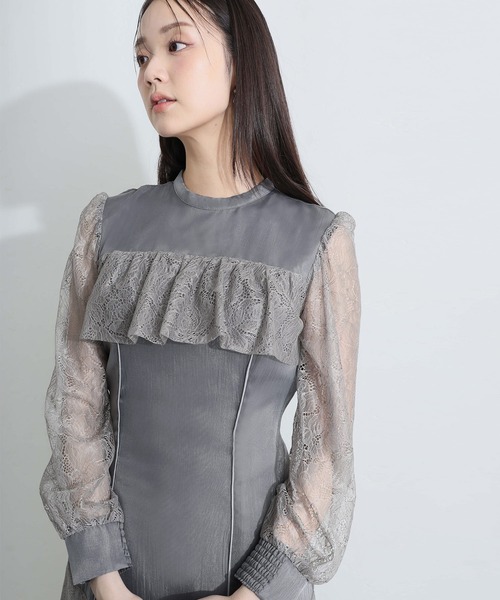 PourVous(プールヴー)の「ミモレ丈&袖あり フォーマル レース 切替クラシカルフリル フレア シルエットセレモニー 結婚式 二次会 パーティー ドレス オケージョンドレス 同窓会 成人式 お呼ばれ 謝恩会 20代 30代(ドレス・レディース・ブラック/チャコール/パープル系・S/M)」の2枚目の写真