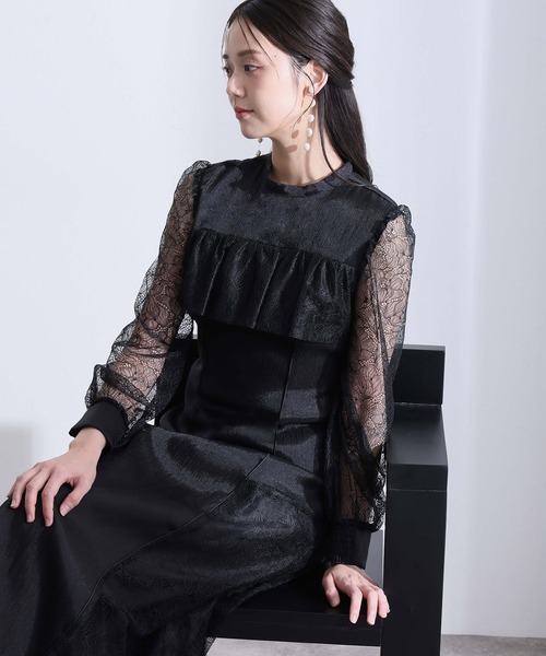 PourVous(プールヴー)の「ミモレ丈&袖あり フォーマル レース 切替クラシカルフリル フレア シルエットセレモニー 結婚式 二次会 パーティー ドレス オケージョンドレス 同窓会 成人式 お呼ばれ 謝恩会 20代 30代(ドレス・レディース・ブラック/チャコール/パープル系・S/M)」の1枚目の写真