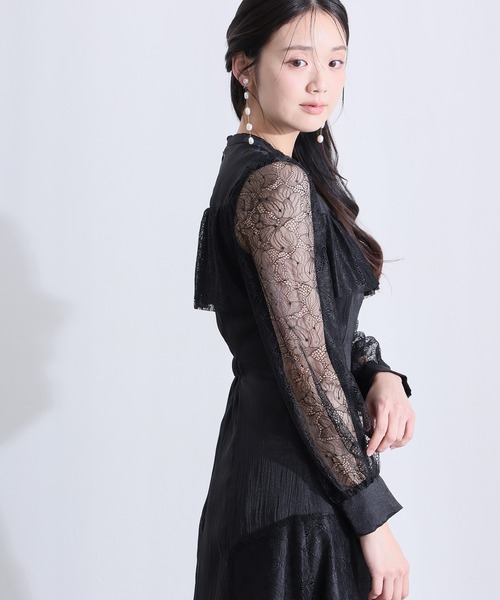 PourVous(プールヴー)の「ミモレ丈&袖あり フォーマル レース 切替クラシカルフリル フレア シルエットセレモニー 結婚式 二次会 パーティー ドレス オケージョンドレス 同窓会 成人式 お呼ばれ 謝恩会 20代 30代(ドレス・レディース・ブラック/チャコール/パープル系・S/M)」の5枚目の写真