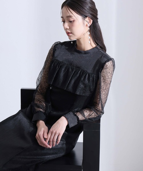 PourVous(プールヴー)の「ミモレ丈&袖あり フォーマル レース 切替クラシカルフリル フレア シルエットセレモニー 結婚式 二次会 パーティー ドレス オケージョンドレス 同窓会 成人式 お呼ばれ 謝恩会 20代 30代(ドレス・レディース・ブラック/チャコール/パープル系・S/M)」の6枚目の写真