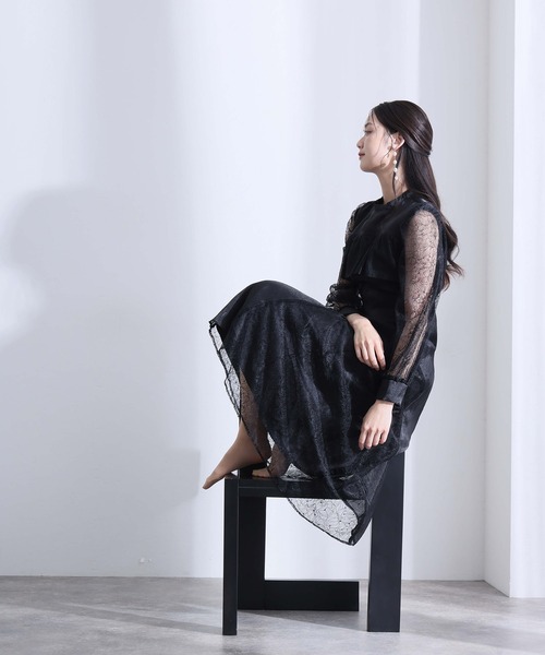 PourVous(プールヴー)の「ミモレ丈&袖あり フォーマル レース 切替クラシカルフリル フレア シルエットセレモニー 結婚式 二次会 パーティー ドレス オケージョンドレス 同窓会 成人式 お呼ばれ 謝恩会 20代 30代(ドレス・レディース・ブラック/チャコール/パープル系・S/M)」の7枚目の写真