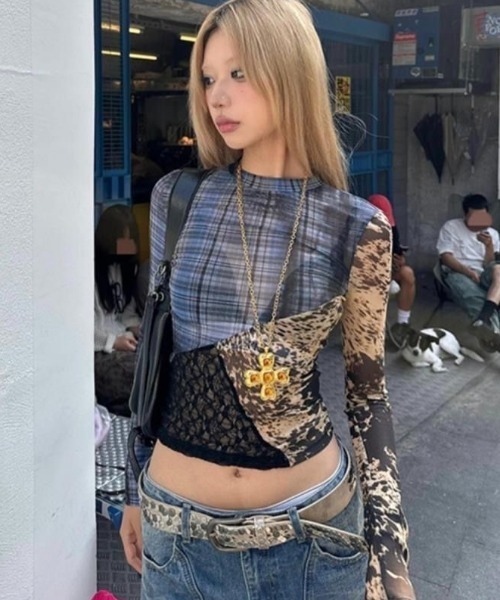 セール】パッチワークデザインシアートップス（Tシャツ/カットソー 