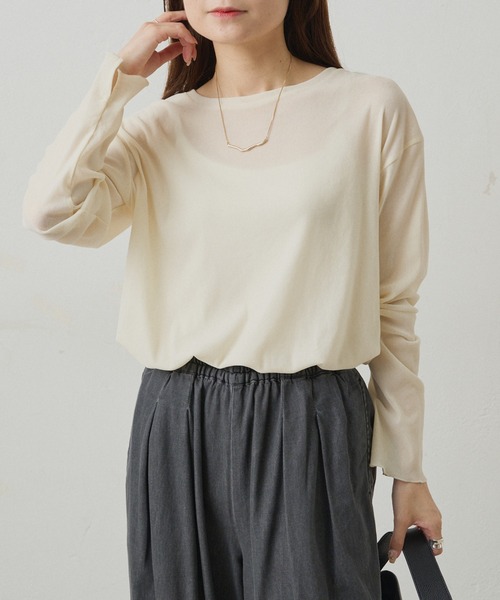 PUAL CE CIN（ピュアルセシン）の「ナイロンチュールベロアクルーネックカットソー（Tシャツ/カットソー・レディース・アイボリー/ブラウン/ライトグレー・FREE）」の2枚目の写真