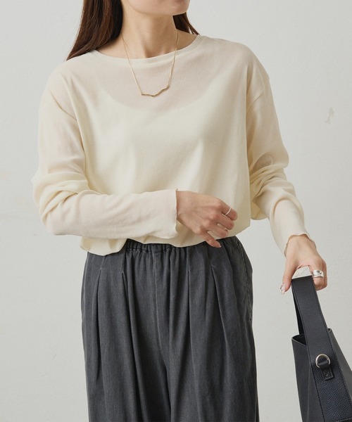 PUAL CE CIN（ピュアルセシン）の「ナイロンチュールベロアクルーネックカットソー（Tシャツ/カットソー・レディース・アイボリー/ブラウン/ライトグレー・FREE）」の4枚目の写真