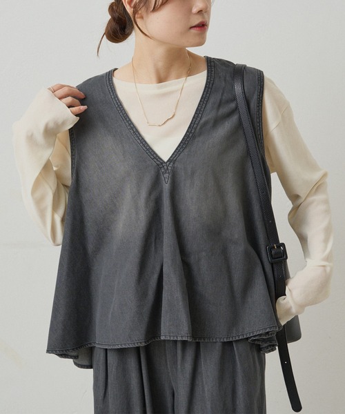 PUAL CE CIN（ピュアルセシン）の「ナイロンチュールベロアクルーネックカットソー（Tシャツ/カットソー・レディース・アイボリー/ブラウン/ライトグレー・FREE）」の6枚目の写真