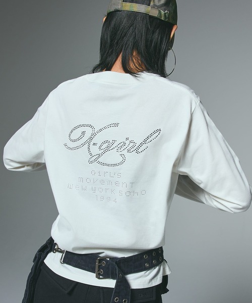 X-girl(エックスガール)の「RHINESTONE COMBINATION LOGO L/S TEE(Tシャツ/カットソー・レディース・ブラック/ホワイト・S/M/L)」の1枚目の写真