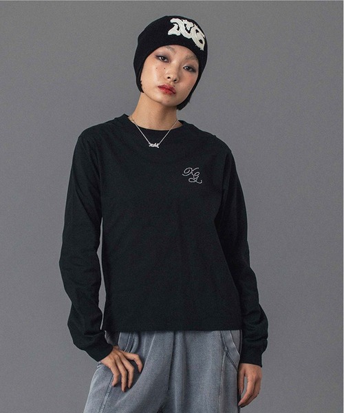X-girl(エックスガール)の「RHINESTONE COMBINATION LOGO L/S TEE(Tシャツ/カットソー・レディース・ブラック/ホワイト・S/M/L)」の3枚目の写真