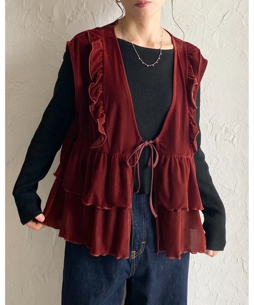 She's Closet（シーズクローゼット）の「深Vネックベロアティアードフリルリボンベスト（ベスト・レディース・ブラック/ブラウン・FREE）」の21枚目の写真
