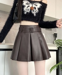ベルト付き フェイクレザー プリーツ ミニ スカート