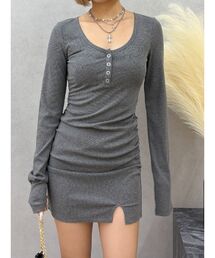 EVRIS | ヘンリーネックカットミニワンピース(ワンピース)