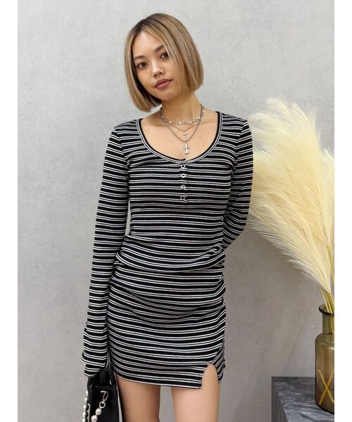 EVRIS（エヴリス）の「ヘンリーネックカットミニワンピース（ワンピース・レディース・グレー/ブラック/その他1・FREE）」の5枚目の写真