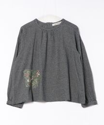SUPER HAKKA×サクマ ユウコ 「森の家」モチーフ刺繍 先染めコットン麻チェックブラウス