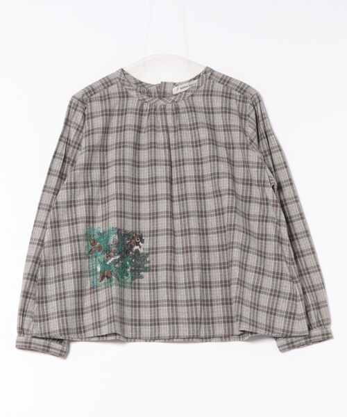 SUPER HAKKA（スーパーハッカ）の「SUPER　HAKKA×サクマ　ユウコ　「森の家」モチーフ刺繍　先染めコットン麻チェックブラウス（シャツ/ブラウス・レディース・グレー/ネイビー・FREE）」の5枚目の写真