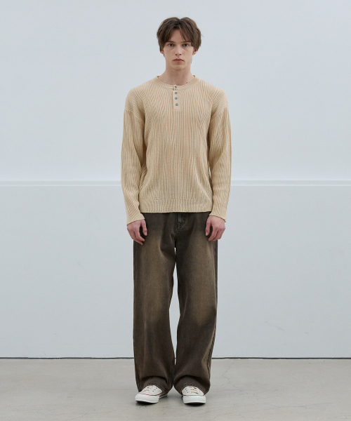 NODU（ノードユー）の「ライトゴルジヘンリーネックニットTシャツ[ベージュ]（Tシャツ/カットソー・メンズ・その他・MEDIUM/LARGE）」の5枚目の写真