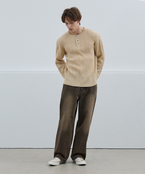 NODU（ノードユー）の「ライトゴルジヘンリーネックニットTシャツ[ベージュ]（Tシャツ/カットソー・メンズ・その他・MEDIUM/LARGE）」の6枚目の写真