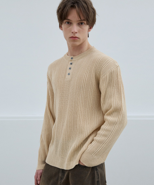 NODU（ノードユー）の「ライトゴルジヘンリーネックニットTシャツ[ベージュ]（Tシャツ/カットソー・メンズ・その他・MEDIUM/LARGE）」の7枚目の写真