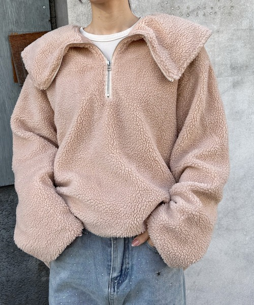 Mela(メラ)の「ビッグカラーハーフジップボアトップス(その他トップス・レディース・ベージュ/オフホワイト/ブラック・FREE)」の3枚目の写真