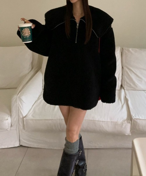 Mela(メラ)の「ビッグカラーハーフジップボアトップス(その他トップス・レディース・ベージュ/オフホワイト/ブラック・FREE)」の10枚目の写真