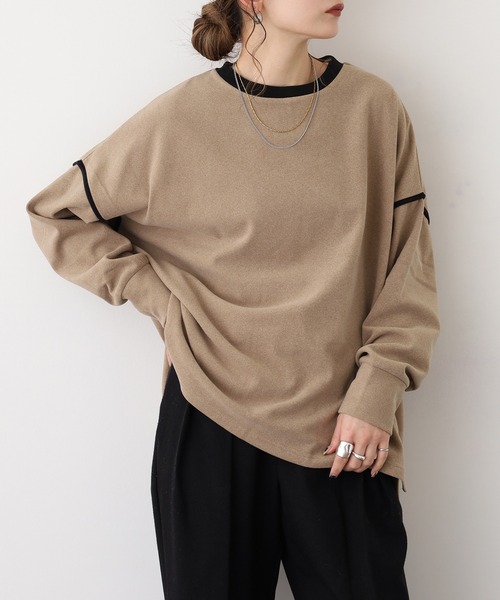 A.N.L(エーエヌエル レーベル)の「A.N.L 微起毛配色パイピングプルオーバー 長袖(Tシャツ/カットソー・レディース・ブラック/ベージュ・38)」の2枚目の写真