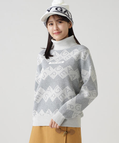 PEARLY GATES(パーリーゲイツ)の「【PEARLY GATES】ダブルJQロゴギザボーダー柄タートルネックニットプルオーバー(Tシャツ/カットソー・レディース・ダークインディゴブルー/ホワイト系その他・MEDIUM/LARGE/SMALL)」の2枚目の写真