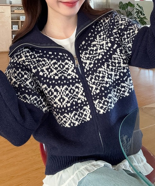 セール】ノルディック柄ハイネックジップニット（ニット/セーター