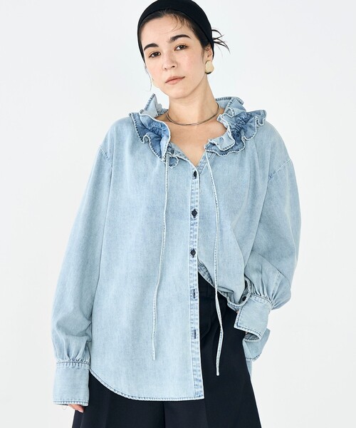 RM denim】フリルギャザーデニムブラウス（シャツ/ブラウス）｜Rie