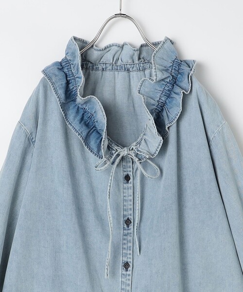 RM denim】フリルギャザーデニムブラウス（シャツ/ブラウス）｜Rie