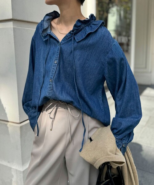 未使用★ノーリーズ★RM denim★リエミラー★フリルギャザーデニムブラウス RM denim】フリルギャザーデニムブラウス（シャツ/ブラウス）｜Rie