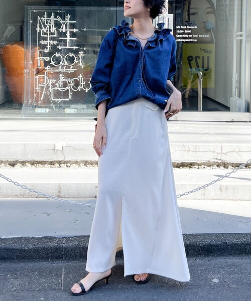 【美品】Rie Miller フリルギャザーデニムブラウス 【RM denim】 リエミラー Rie Miller 【RM denim】フリルギャザーデニムブラウス