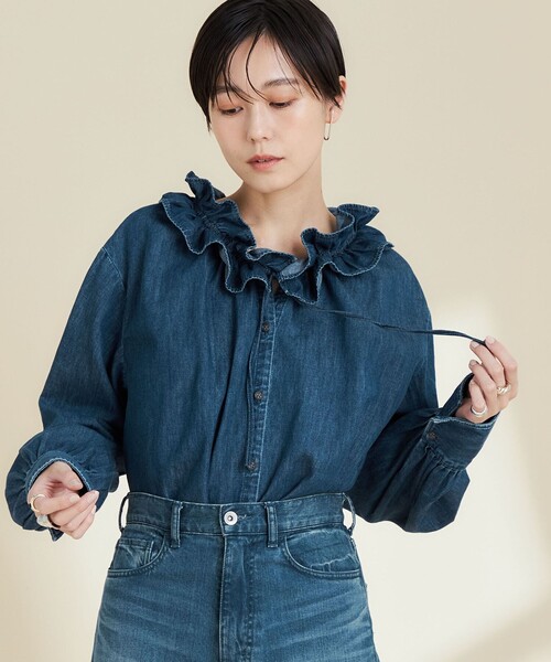 RM denim】フリルギャザーデニムブラウス（シャツ/ブラウス）｜Rie