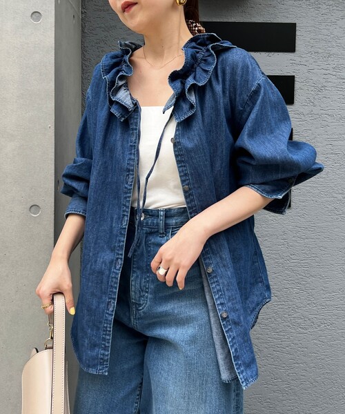 RM denim】フリルギャザーデニムブラウス（シャツ/ブラウス）｜Rie