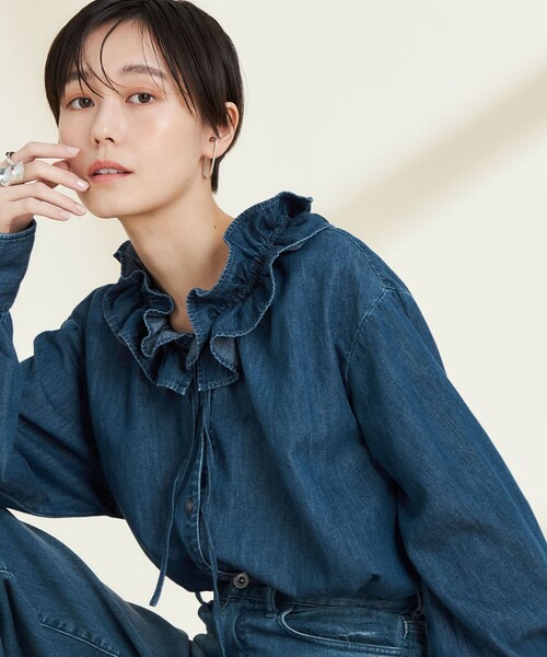RM denim】フリルギャザーデニムブラウス（シャツ/ブラウス）｜Rie