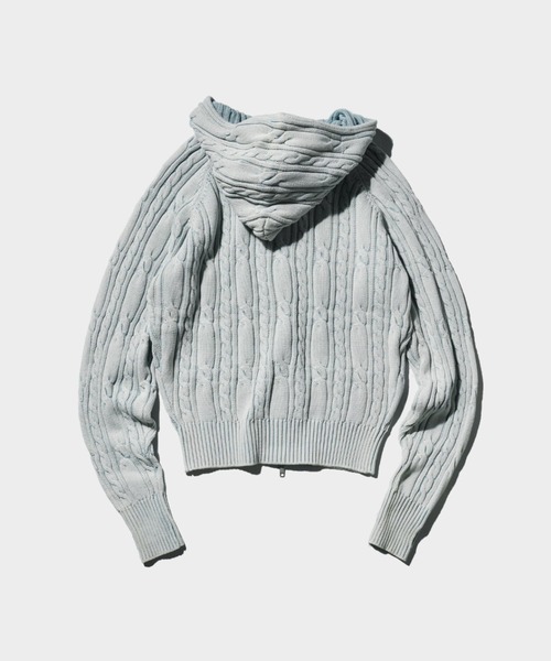 Camphor wood（カンファーウッド）の「STONE WASH DOUBLE ZIP CABLE KNIT HOODIE / ストーンウォッシュ加工ダブルジップケーブル柄ニットフーディ（パーカー・メンズ・ブラック/ブルー系・LARGE/MEDIUM）」の13枚目の写真