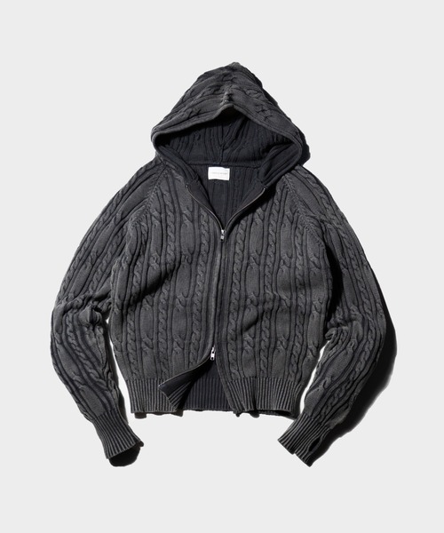 Camphor wood（カンファーウッド）の「STONE WASH DOUBLE ZIP CABLE KNIT HOODIE / ストーンウォッシュ加工ダブルジップケーブル柄ニットフーディ（パーカー・メンズ・ブラック/ブルー系・LARGE/MEDIUM）」の21枚目の写真