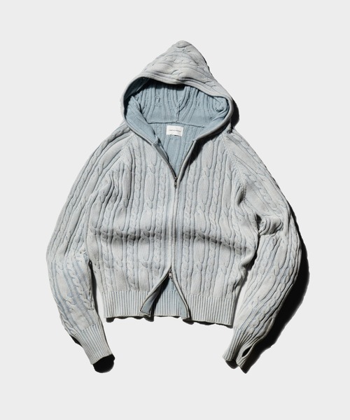 Camphor wood（カンファーウッド）の「STONE WASH DOUBLE ZIP CABLE KNIT HOODIE / ストーンウォッシュ加工ダブルジップケーブル柄ニットフーディ（パーカー・メンズ・ブラック/ブルー系・LARGE/MEDIUM）」の12枚目の写真