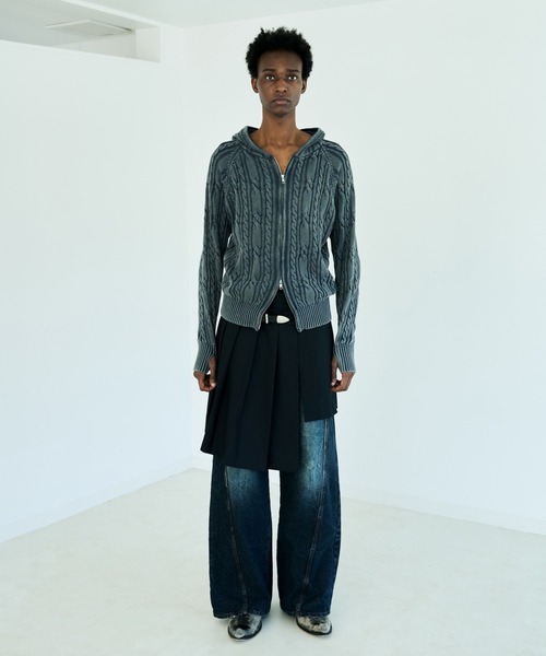 Camphor wood（カンファーウッド）の「STONE WASH DOUBLE ZIP CABLE KNIT HOODIE / ストーンウォッシュ加工ダブルジップケーブル柄ニットフーディ（パーカー・メンズ・ブラック/ブルー系・LARGE/MEDIUM）」の14枚目の写真