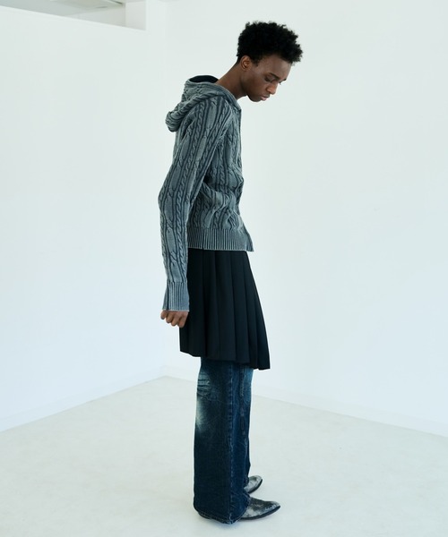 Camphor wood（カンファーウッド）の「STONE WASH DOUBLE ZIP CABLE KNIT HOODIE / ストーンウォッシュ加工ダブルジップケーブル柄ニットフーディ（パーカー・メンズ・ブラック/ブルー系・LARGE/MEDIUM）」の15枚目の写真