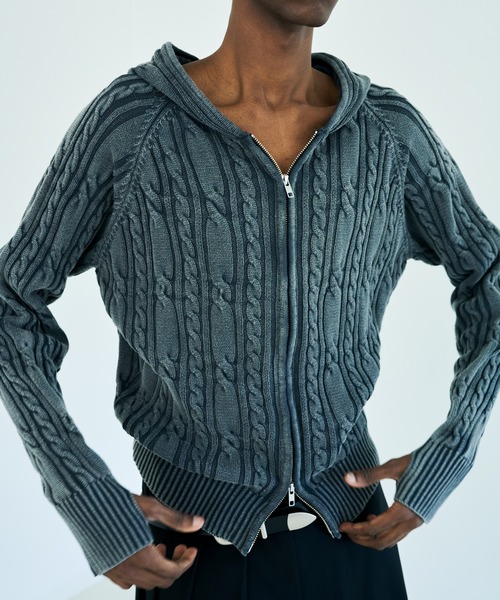 Camphor wood（カンファーウッド）の「STONE WASH DOUBLE ZIP CABLE KNIT HOODIE / ストーンウォッシュ加工ダブルジップケーブル柄ニットフーディ（パーカー・メンズ・ブラック/ブルー系・LARGE/MEDIUM）」の16枚目の写真