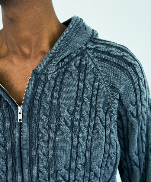 Camphor wood（カンファーウッド）の「STONE WASH DOUBLE ZIP CABLE KNIT HOODIE / ストーンウォッシュ加工ダブルジップケーブル柄ニットフーディ（パーカー・メンズ・ブラック/ブルー系・LARGE/MEDIUM）」の17枚目の写真